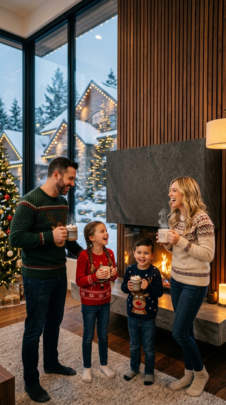 Family inside luxury great room by walnut fireplace