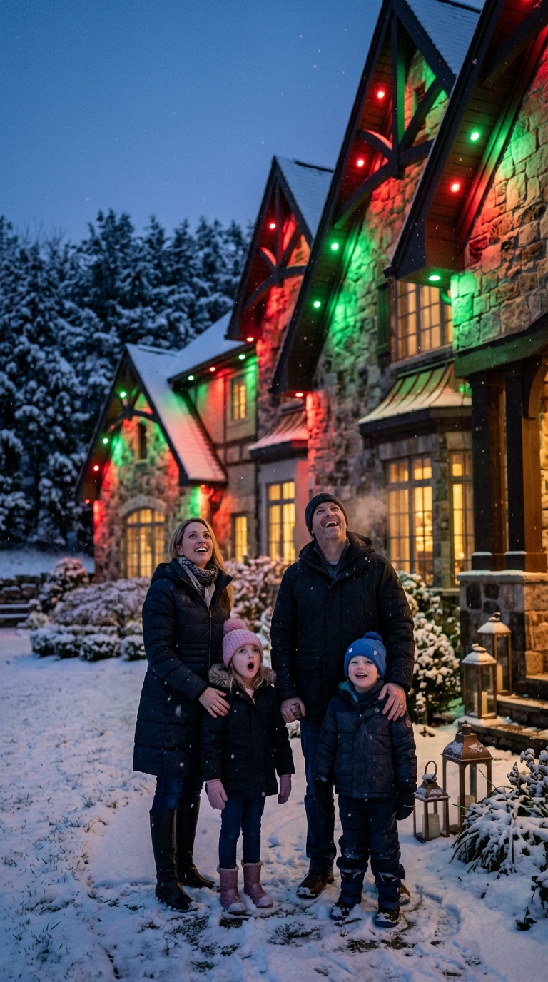 Happy family and kids looking at lights in awe