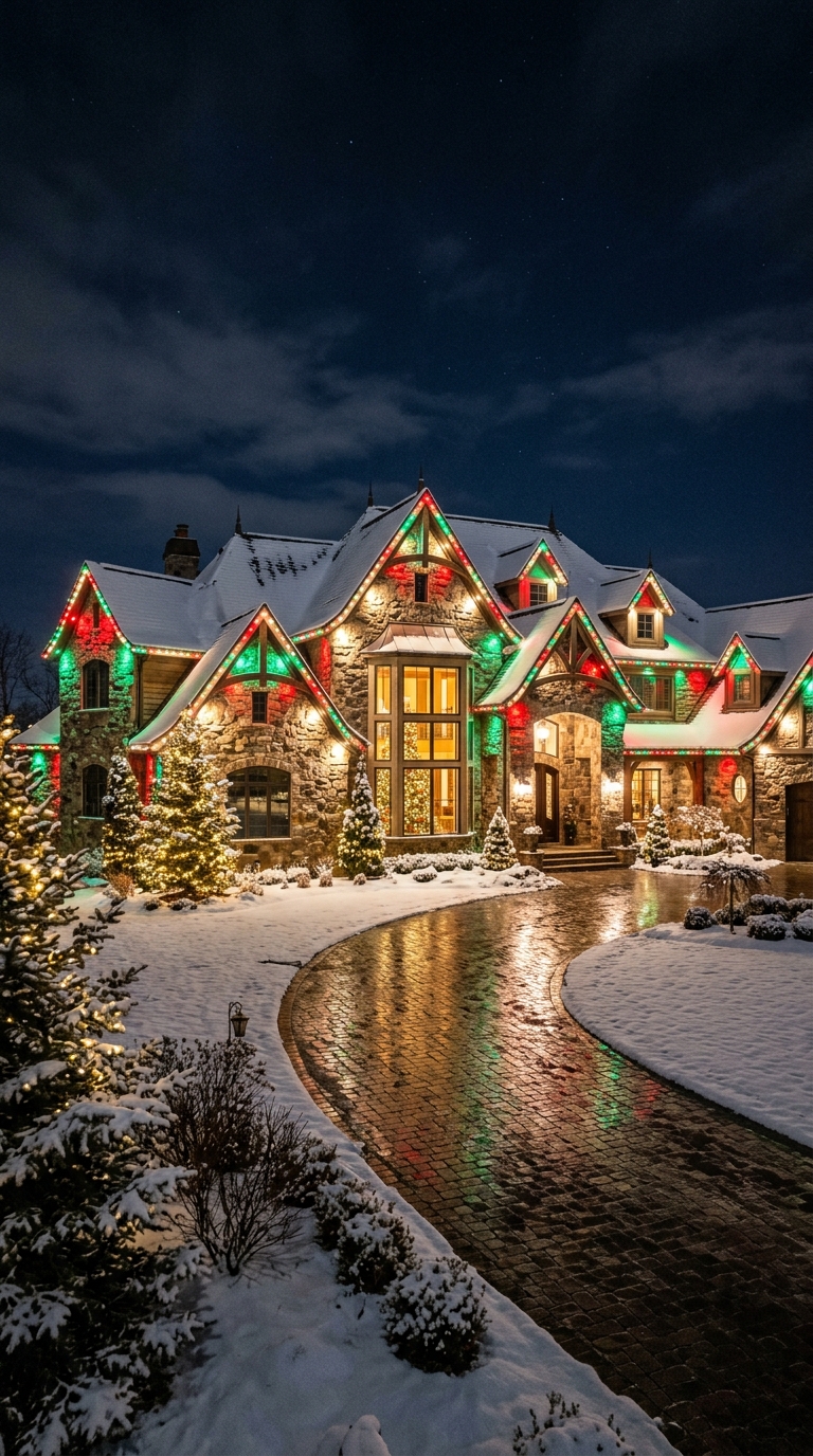 Potomac luxury estate holiday lighting night shot